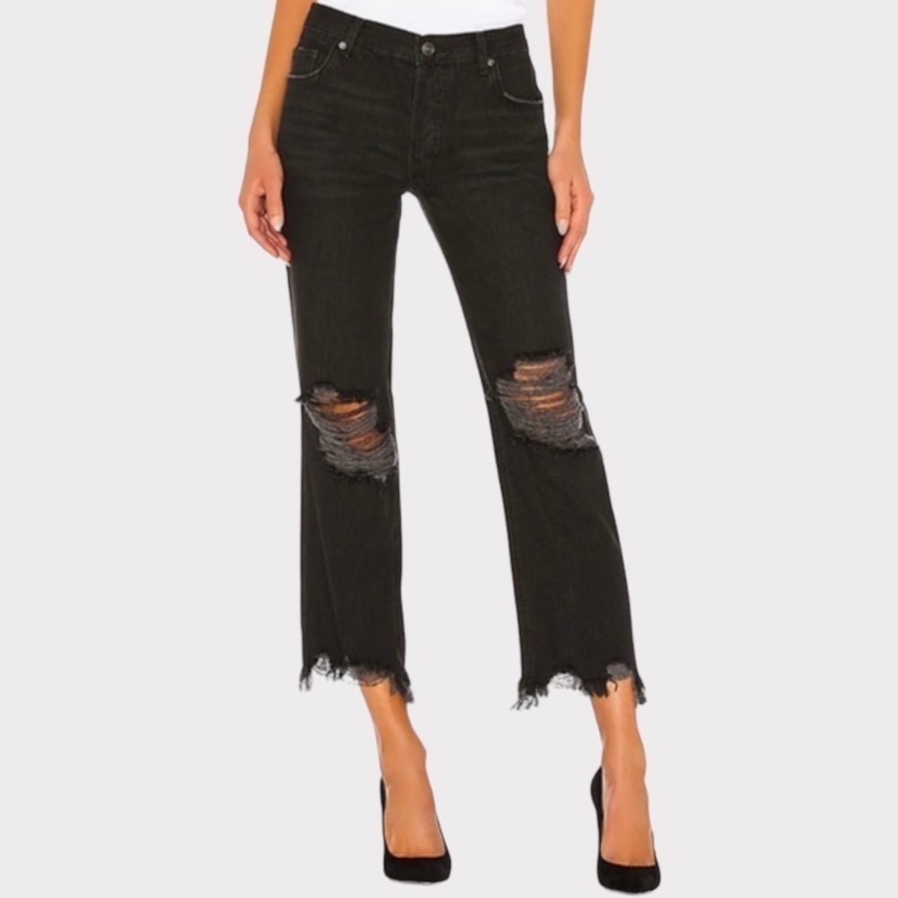 Free People Maggie Straight Leg Jean Distressed Washed Black NWT